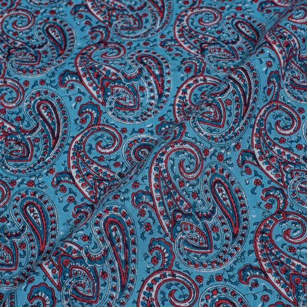 Cadet Blue Colour Paisley Screen Print Cotton Fabric 