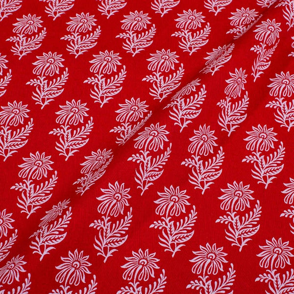 White Khadee and Red Colour Floral Screen Print Cotton Fabric