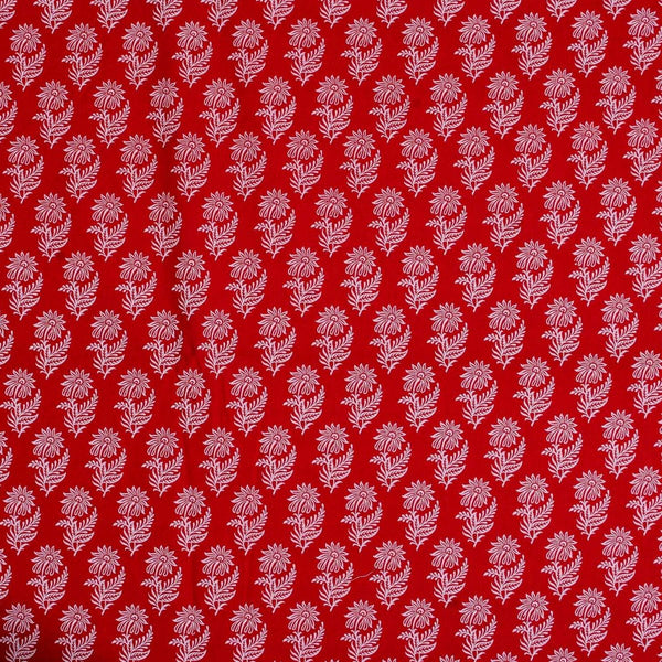 White Khadee and Red Colour Floral Screen Print Cotton Fabric