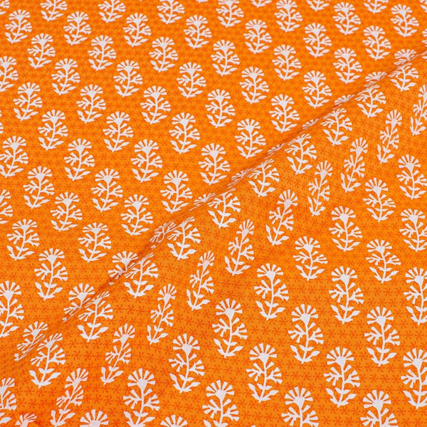 White Khadee and Orange Colour Floral Screen Print Cotton Fabric