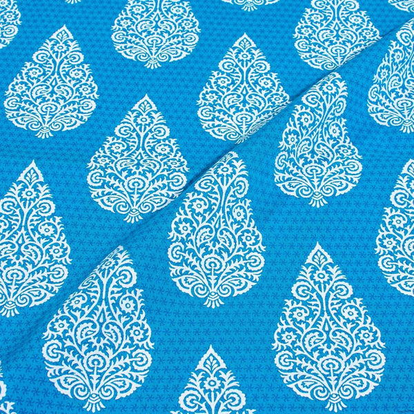 White Khadee and Blue Colour Mughal Screen Print Cotton Fabric