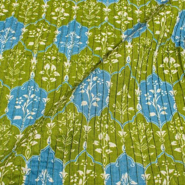 Green Colour Floral Print Pin Tucks Cotton Fabric 34 inch Width