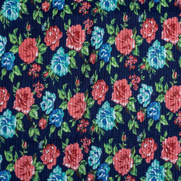 Navy Blue Colour Floral Print 34 inch Width Pin Tucks Cotton Fabric 