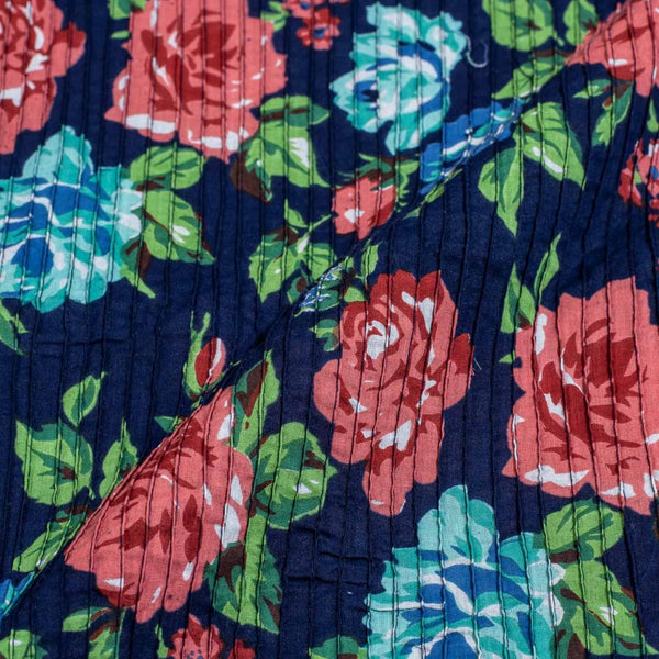 Navy Blue Colour Floral Print 34 inch Width Pin Tucks Cotton Fabric 