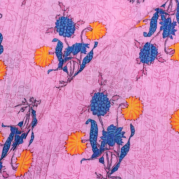 Pink Colour Floral Print 36 inch Width Pin Tucks Cotton Fabric 