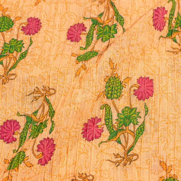 Peach Colour Floral Print 35 inch Width Pin Tucks Cotton Fabric 