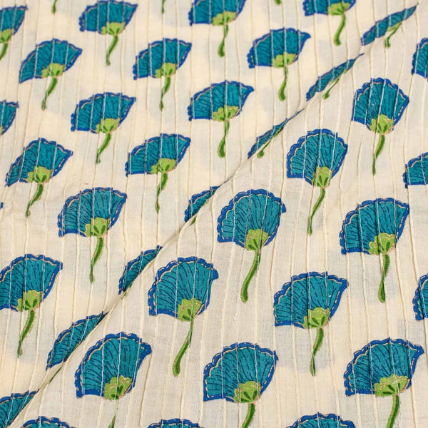 Off White Colour Floral Print 36 inch Width Pin Tucks Cotton Fabric 