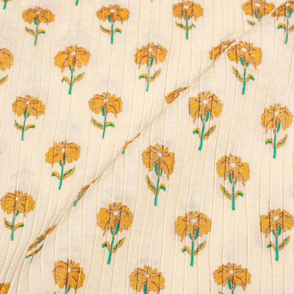 Off White Colour Floral Print 35 inch Width Pin Tucks Cotton Fabric 