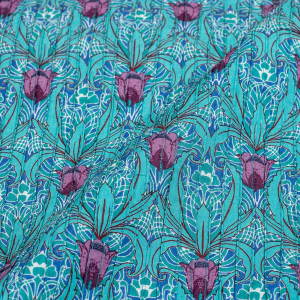 Sea Blue Colour Floral Jaal Print 32 inch Width Pin Tucks Cotton Fabric 