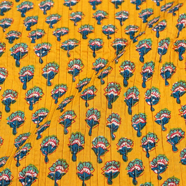 Mustard Orange Colour Floral Butti Print 35 inch Width Pin Tucks Cotton Fabric 