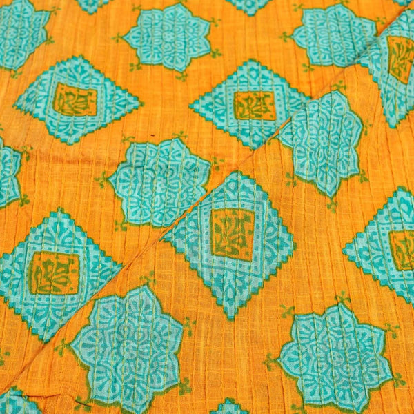 Mustard Yellow Colour Mughal Print 37 inch Width Pin Tucks Cotton Fabric 
