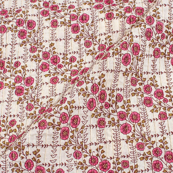 Beige Colour Floral Jaal Print Pin Tucks Cotton Fabric 34 inch Width