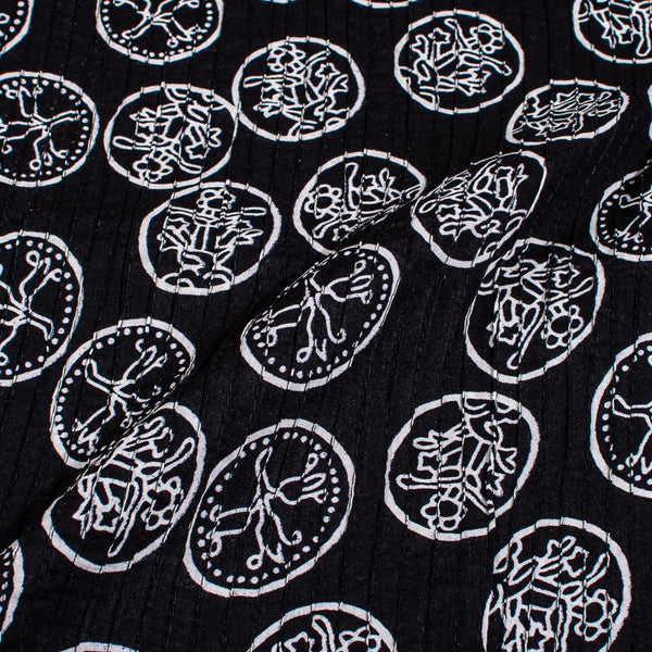 Black Colour Geometric Print Pin Tucks Cotton Fabric 34 inch Width