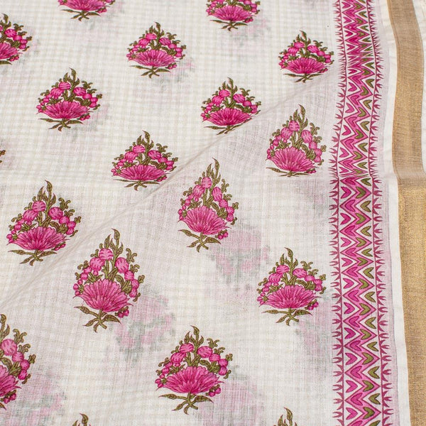 Off White Colour Floral Print With One Side Zari Border Soft Cotton Fabric