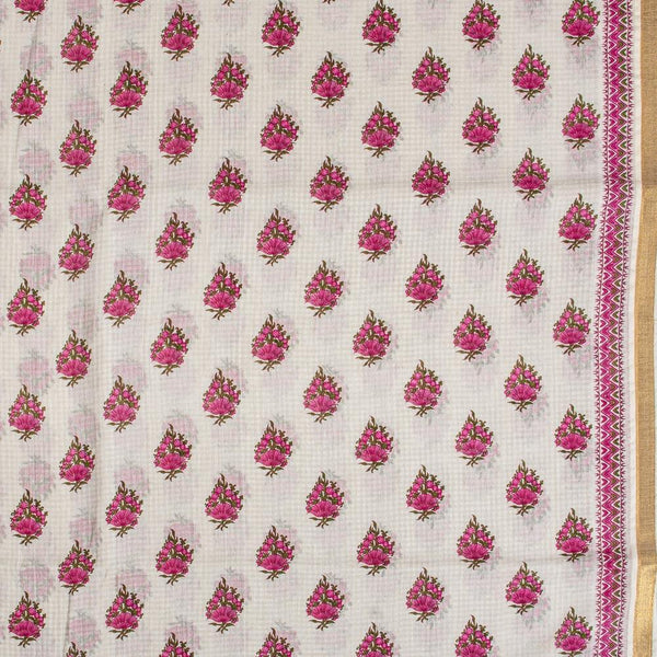 Off White Colour Floral Print With One Side Zari Border Soft Cotton Fabric