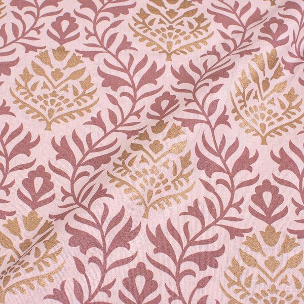 Pastel Pink Colour Gold Floral Jaal Print Flex Cotton Fabric