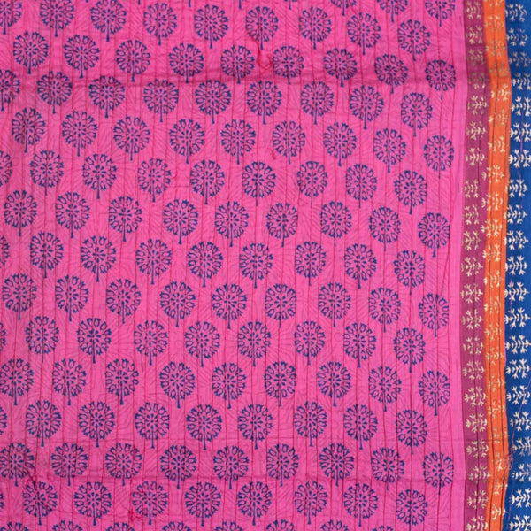 Candy Pink Colour Floral Block Print With One Side Border 37 inch Width Pin Tucks Cotton Fabric