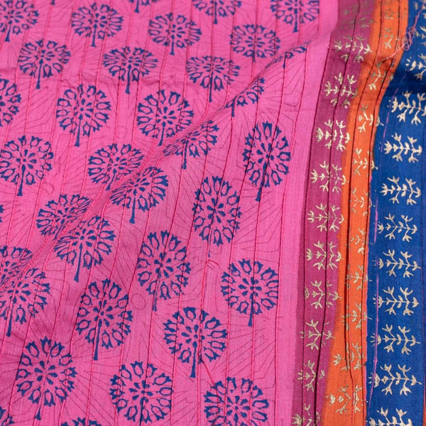 Candy Pink Colour Floral Block Print With One Side Border 37 inch Width Pin Tucks Cotton Fabric
