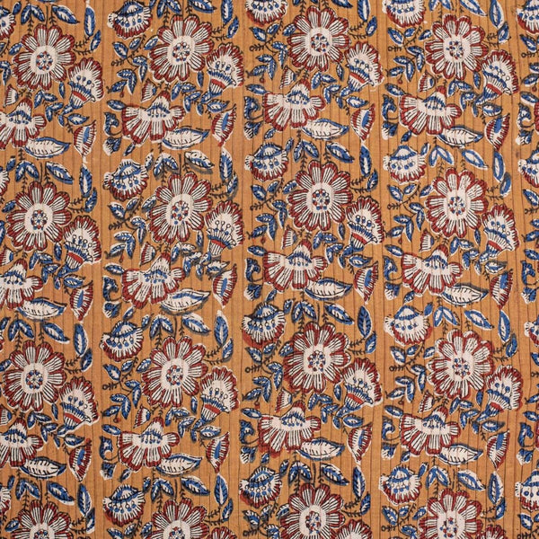 Sandy Brown Colour Floral Block Print 37 inch Width Pin Tucks Cotton Fabric 