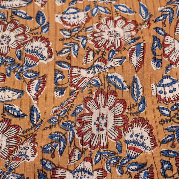 Sandy Brown Colour Floral Block Print 37 inch Width Pin Tucks Cotton Fabric 