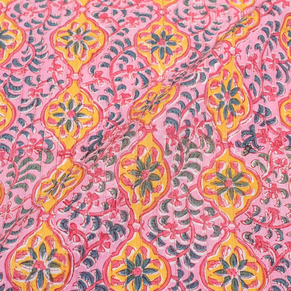 Pink Colour Floral Jaal Block Print 37 inch Width Pin Tucks Cotton Fabric 