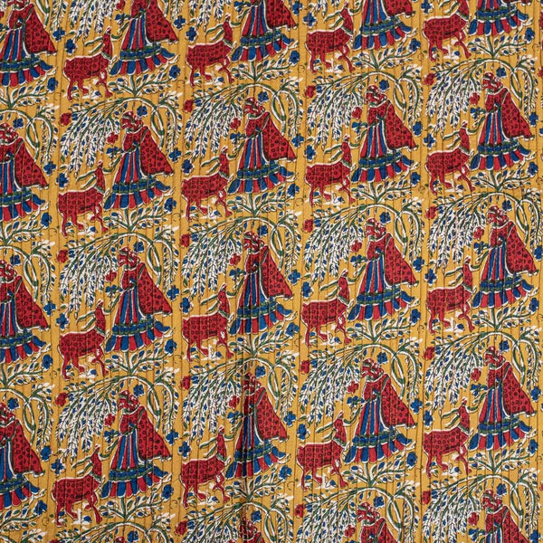 Mustard Colour Village Block Print 36 inch Width Pin Tucks Cotton Fabric 