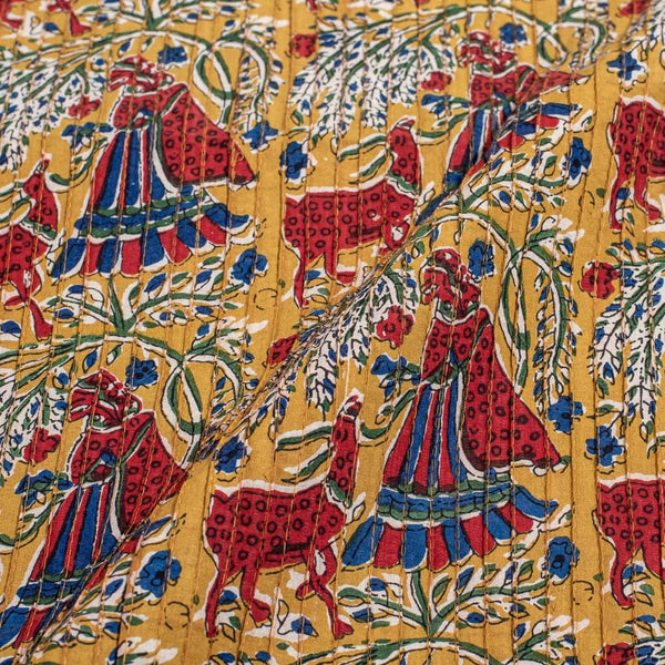 Mustard Colour Village Block Print 36 inch Width Pin Tucks Cotton Fabric 