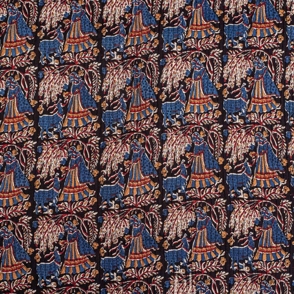 Black Colour Village Block Print 35 inch Width Pin Tucks Cotton Fabric 