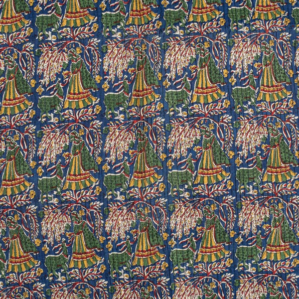 Blue Colour Village Block Print 34 inch Width Pin Tucks Cotton Fabric 