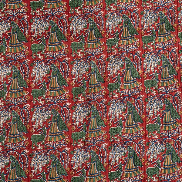 True Red Colour Village Block Print 36 inch Width Pin Tucks Cotton Fabric 