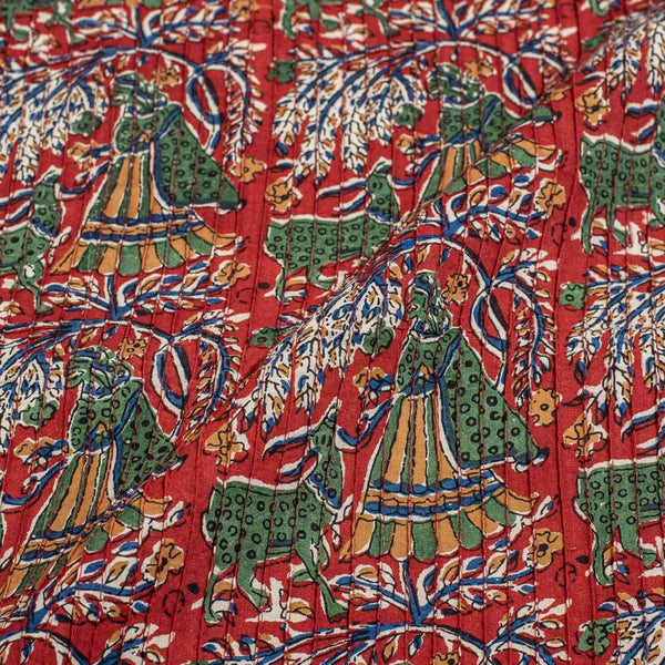 True Red Colour Village Block Print 36 inch Width Pin Tucks Cotton Fabric 