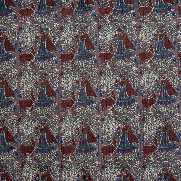 Grey Colour Village Block Print 38 inch Width Pin Tucks Cotton Fabric 