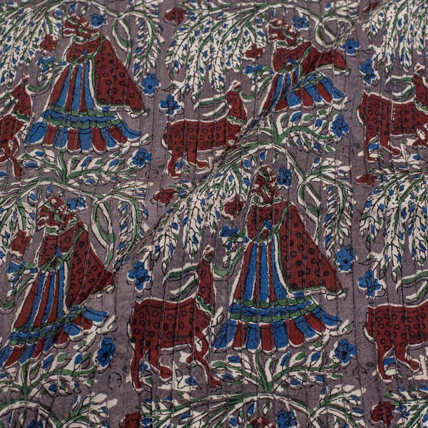 Grey Colour Village Block Print 38 inch Width Pin Tucks Cotton Fabric 