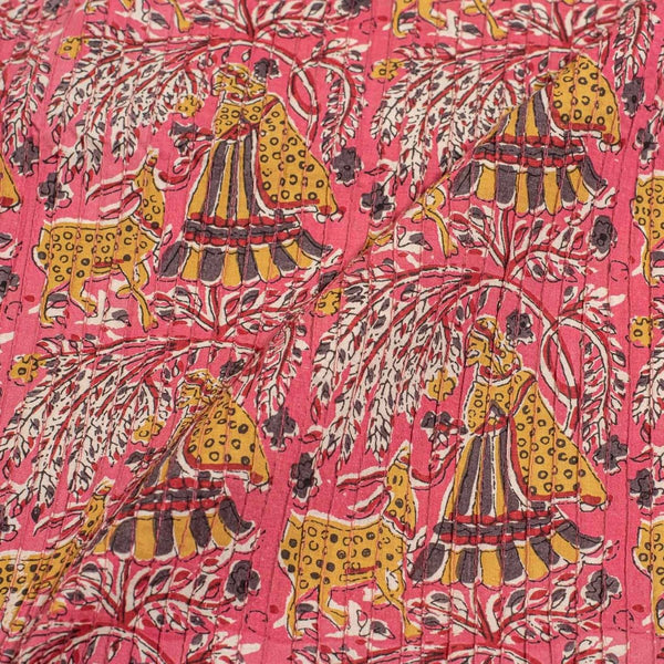 Peach Pink Colour Village Block Print 38 inch Width Pin Tucks Cotton Fabric 