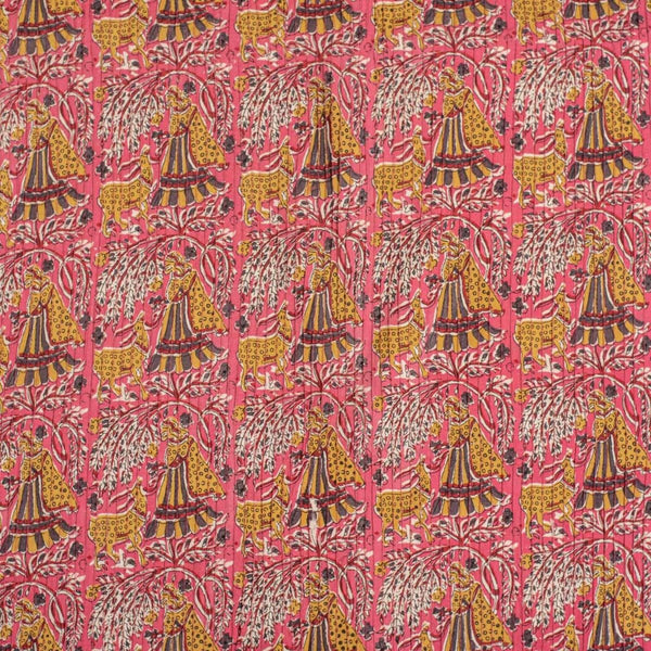 Peach Pink Colour Village Block Print 38 inch Width Pin Tucks Cotton Fabric 