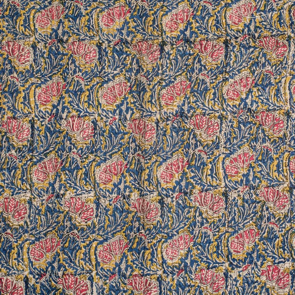Blue Colour Floral Block Print 39 inch Width Pin Tucks Cotton Fabric 