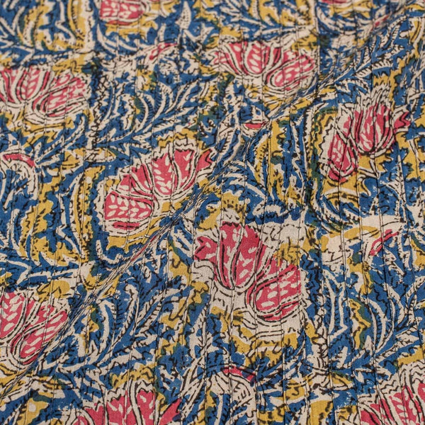 Blue Colour Floral Block Print 39 inch Width Pin Tucks Cotton Fabric 