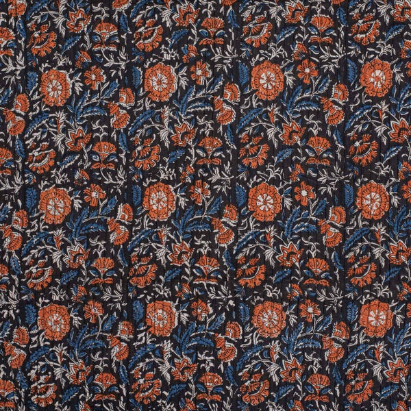 Black Colour Floral Block Print 37 inch Width Pin Tucks Cotton Fabric 
