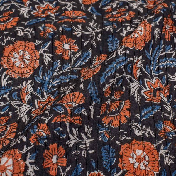 Black Colour Floral Block Print 37 inch Width Pin Tucks Cotton Fabric 
