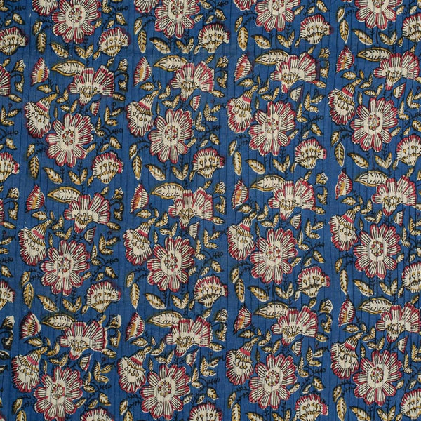 Blue Colour Floral Block Print 37 inch Width Pin Tucks Cotton Fabric 