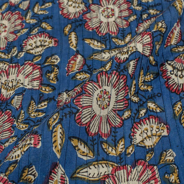 Blue Colour Floral Block Print 37 inch Width Pin Tucks Cotton Fabric 