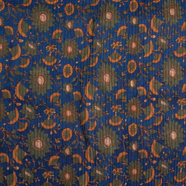 Blue Colour Floral Block Print 37 inch Width Pin Tucks Cotton Fabric 