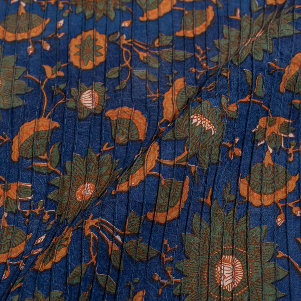 Blue Colour Floral Block Print 37 inch Width Pin Tucks Cotton Fabric 