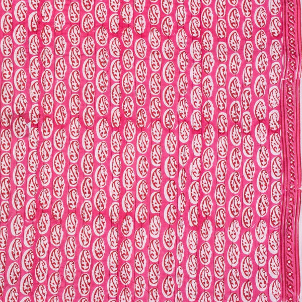 Pink Colour Paisley Block Print With One Side Border 38 inch Width Pin Tucks Cotton Fabric 