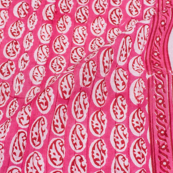 Pink Colour Paisley Block Print With One Side Border 38 inch Width Pin Tucks Cotton Fabric 