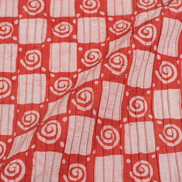 Orange Red Colour Dabu Block Print 38 inch Width Pin Tucks Cotton Fabric 