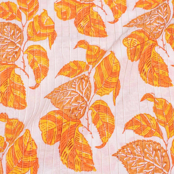 Off White Colour Leaves Block Print 38 inch Width Pin Tucks Cotton Fabric  
