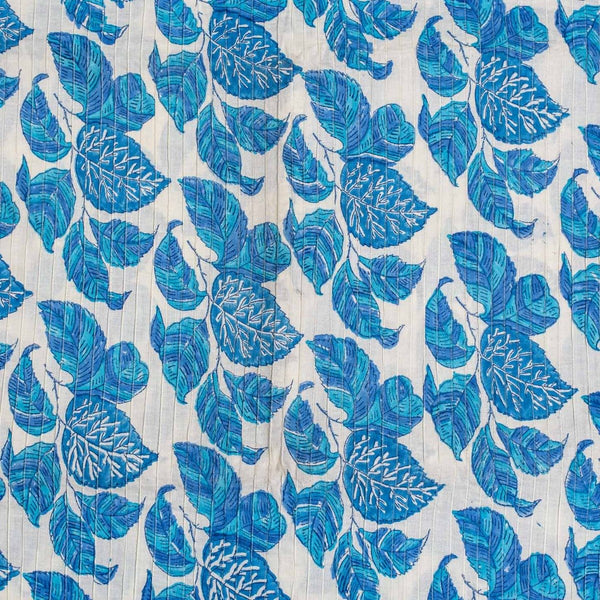 Off White Colour Leaves Block Print 37 inch Width Pin Tucks Cotton Fabric 
