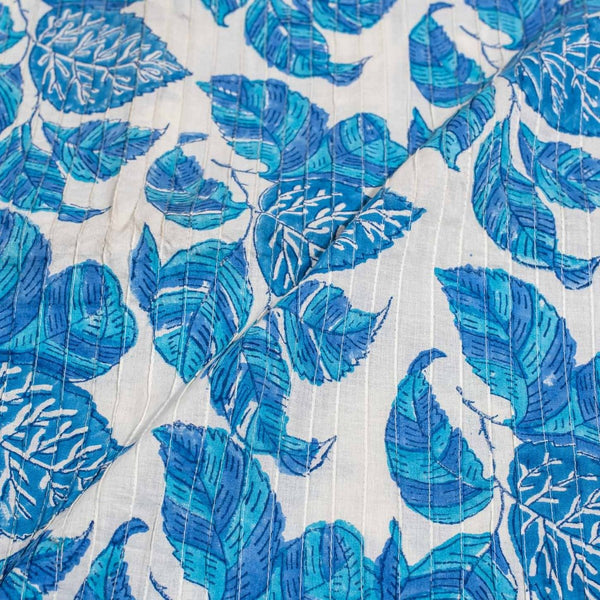 Off White Colour Leaves Block Print 37 inch Width Pin Tucks Cotton Fabric 