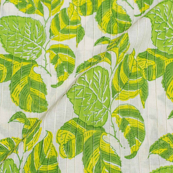 Off White Colour Leaves Block Print 38 inch Width Pin Tucks Cotton Fabric 